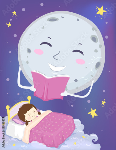 Kid Girl Sleep Moon Mascot Bedtime Story Illustration