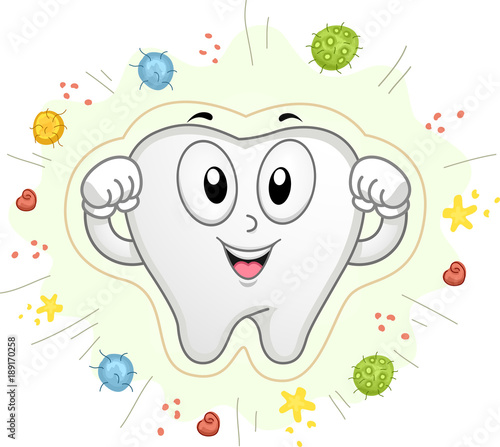 Tooth Mascot Shield Bacteria Cavities Illustration