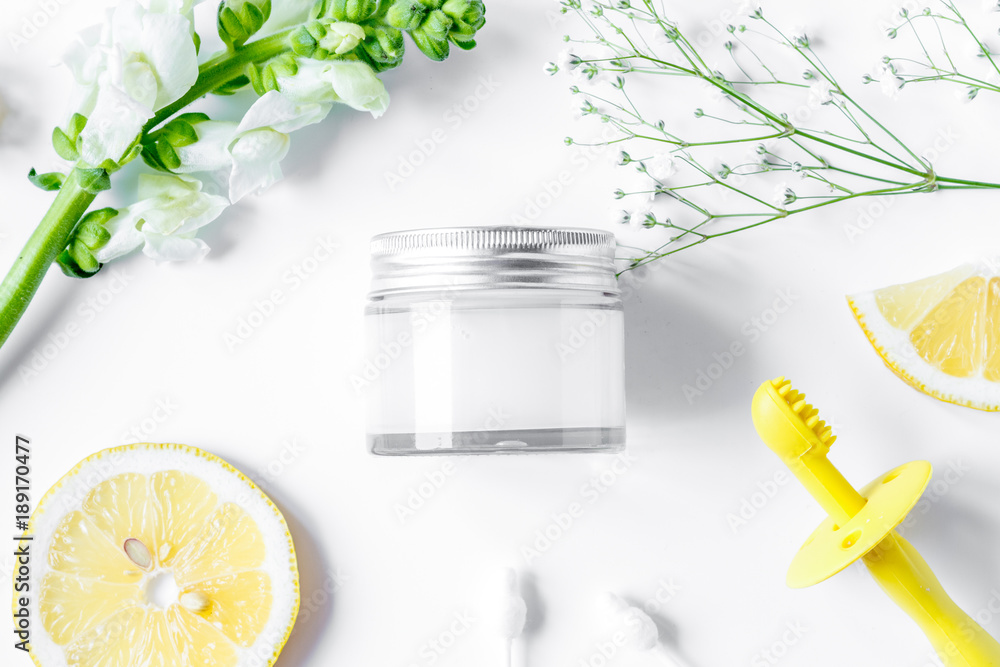 natural organic cosmetics for baby on white background top view