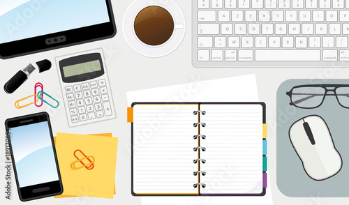 Workplace with computer, agenda, tablet and phone. Vector illustration.