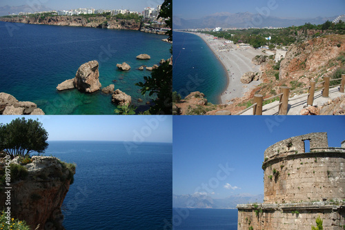 A collage of four photographs overlooking the Mediterranean Sea, a city, a beach and a cliff with a medieval tower