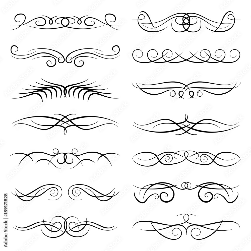 Set of vintage decorative curls, swirls, monograms and calligraphic borders. Line drawing design elements in black color on white background. Vector illustration.
 - obrazy, fototapety, plakaty 