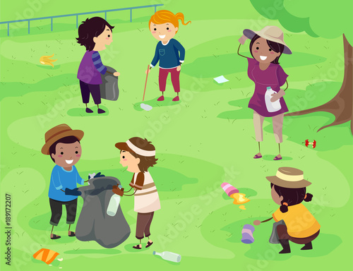 Stickman Kids Park Clean Up Illustration