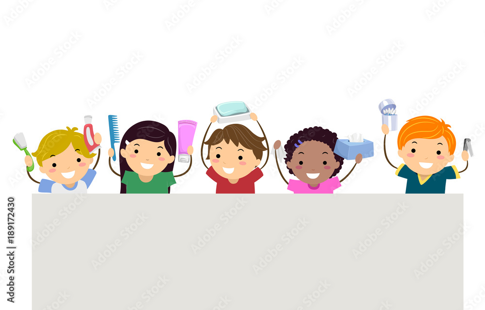 Stickman Kids Hygiene Objects Banner Illustration Stickman Kids Hygiene Objects Banner Illustration