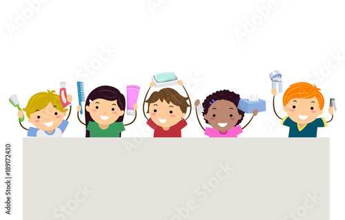 Stickman Kids Hygiene Objects Banner Illustration