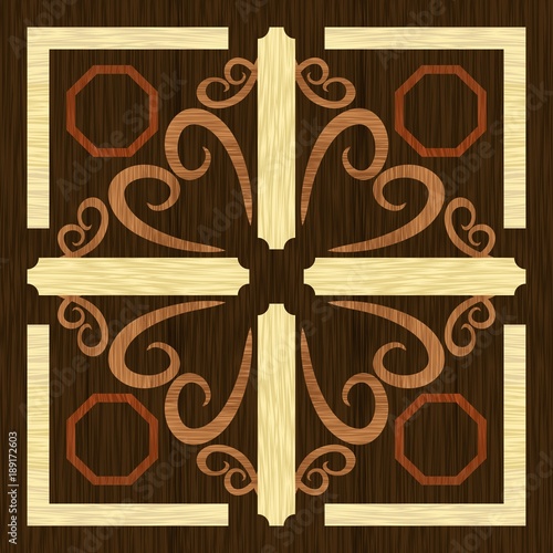 Wood art inlay decorative ornament, geometric patterns from dark and light exotic wood in antiquarian style
