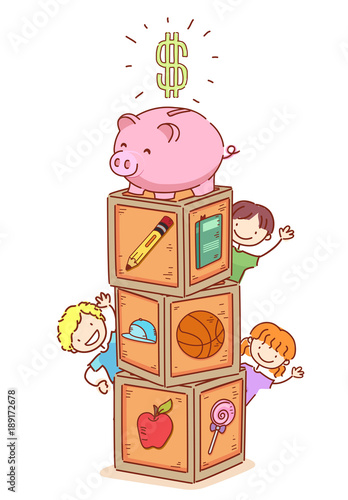 Stickman Kids Blocks Piggy Bank Illustration