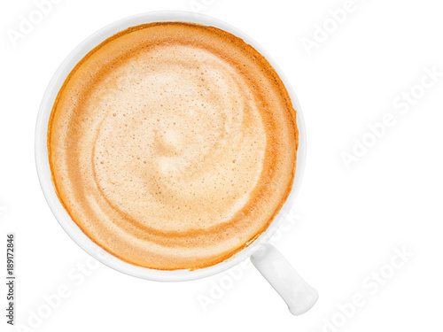 Fotografia hot coffee cappuccino or latte coffee top view isolated on white background with