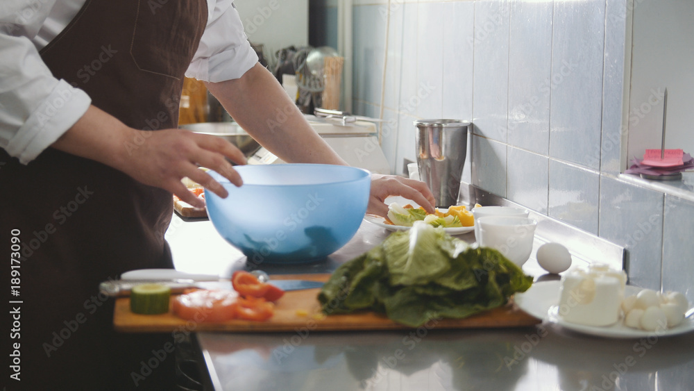 Male chef preparing salad in the kitchen Male chef preparing salad in the kitchen