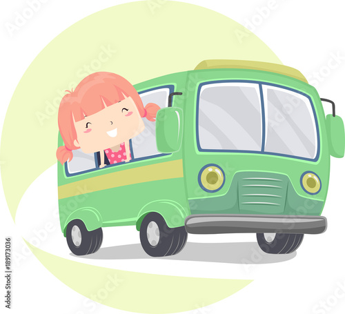 Kid Girl Travel By Bus Illu...