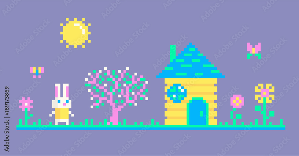 Pixel art scene with rabbit. Pixel art scene with rabbit.