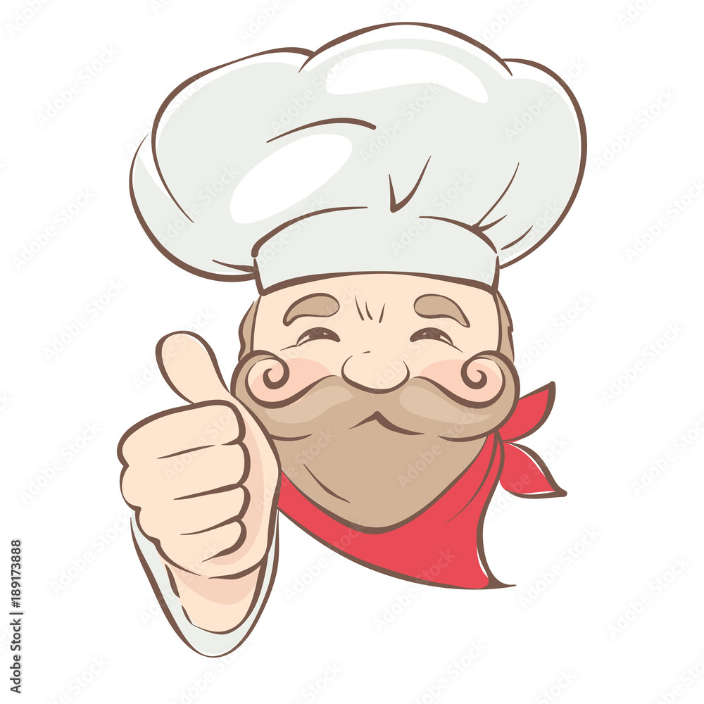 Funny Chef / Vector illustration, chef with a beard and a mustache shows a thumb Funny Chef / Vector illustration, chef with a beard and a mustache shows a thumb
