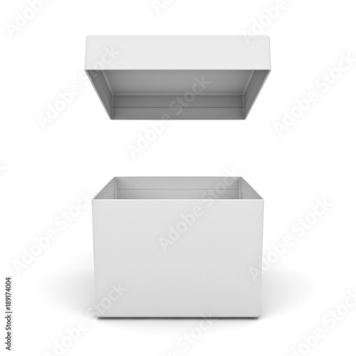 Blank box open with lid isolated on white background with shadow . 3D rendering.