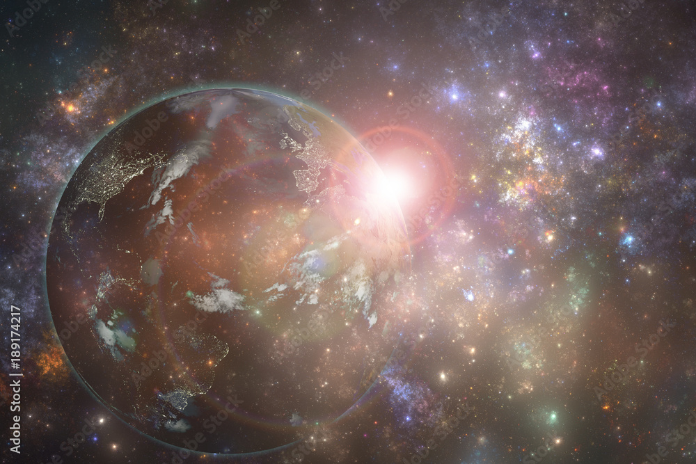 Fototapeta premium Planet Earth with night city lights and rising sun. Elements of this image furnished by NASA