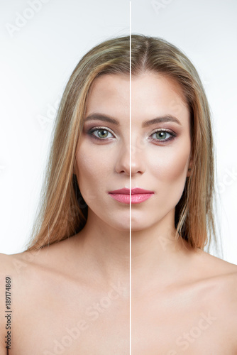 Fullface enface type comparison portrait of blonde green-eyed model wearing contouring makeup on her face without and with retouching. Photo made on a white background in a professional photo studio.