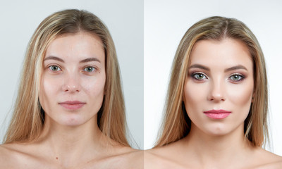 Comparison photo of a beautiful blonde girl with long hair without and with makeup. Photo made on white background in a professional photo studio.
