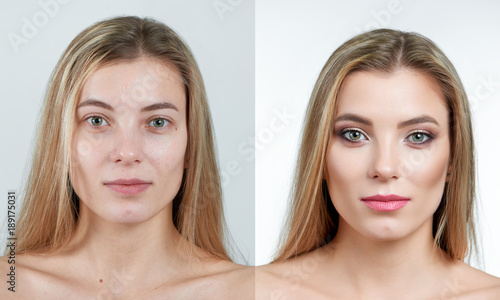 Comparison photo of a beautiful blonde girl with long hair without and with makeup. Photo made on white background in a professional photo studio.