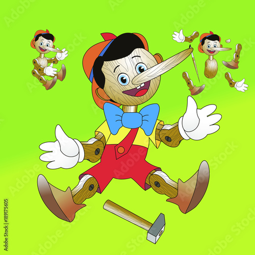 Pinocchio with hammer; Wooden toy, constructor on a green background