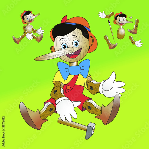 Pinocchio with hammer; Wooden toy, constructor on a green background