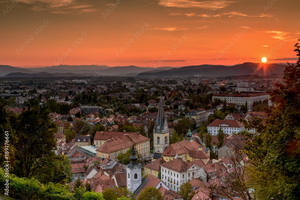 Ljubljana viewed from Castle Hill at sunset, Slovenia