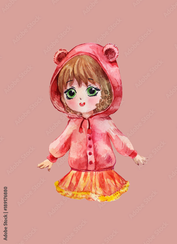 Chibi girl in red hoodie. Little anime child Chibi girl in red hoodie. Little anime child