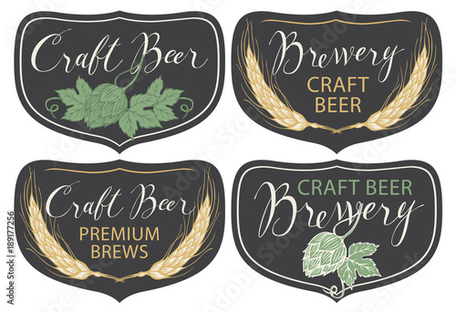 Set of four vector labels for craft beer and brewery with handwritten inscriptions, hop cones and spikelets in retro style