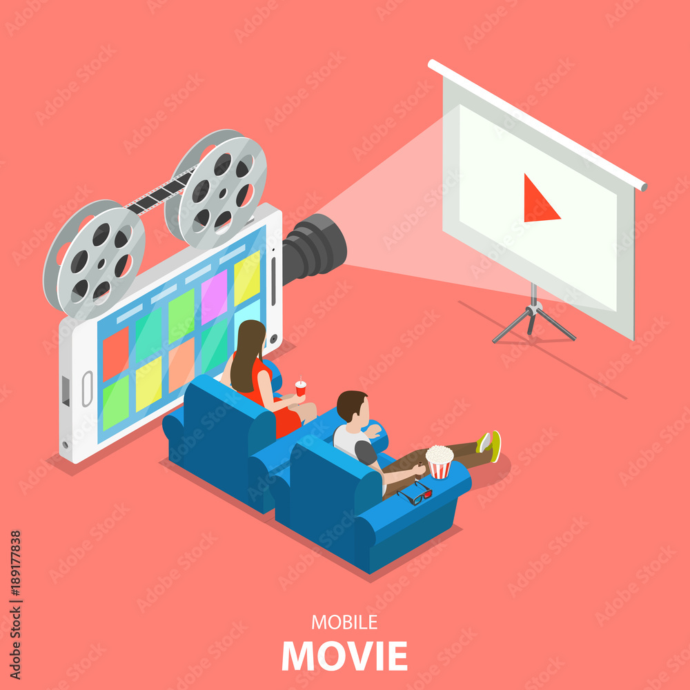 Mobile movie flat isometric vector concept. Couple is watching some movie using a smartphone, that looks like retro film projector. Mobile movie flat isometric vector concept. Couple is watching some movie using a smartphone, that looks like retro film projector.