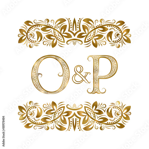 O and P vintage initials logo symbol. The letters are surrounded by ornamental elements. Wedding or business partners monogram in royal style.