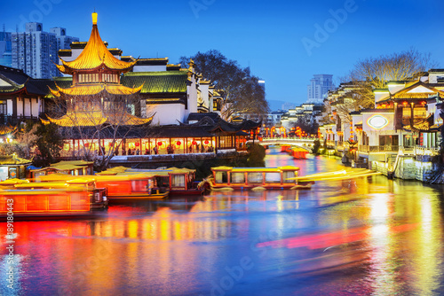 Nanjing Confucius Temple scenic region and Qinhuai River. People are visiting. Located in Nanjing, Jiangsu, China.
