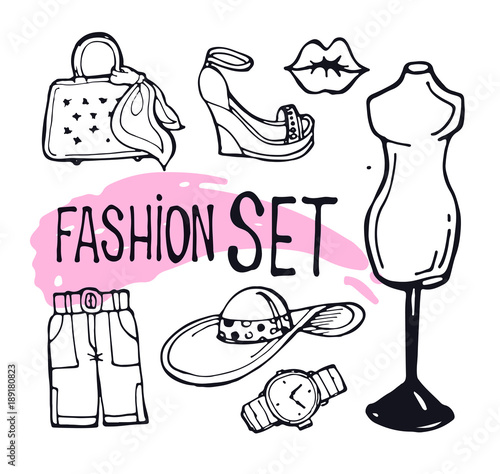 Hand drawn doodle fashion set