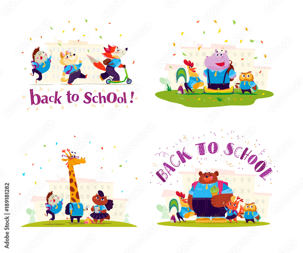 Obraz premium Vector flat collection of happy animal student standing at school building illustrations. Back to school pupil group isolated on white background. Cartoon style, lettering. Good for banner design.