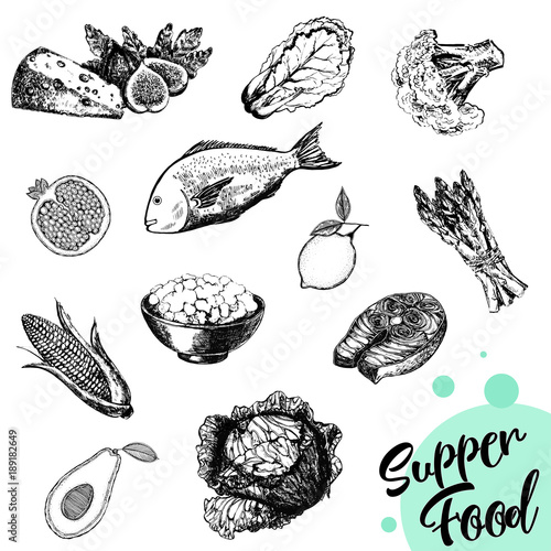 Set of hand drawn sketch style isolated food. Vector illustration.