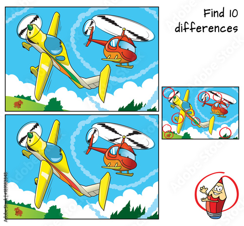 A small airplane boy and a helicopter girl. Find 10 differences. Educational game for children. Cartoon vector illustration