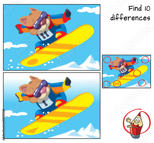 Winter sport. Snowboarder cat jumping. Find 10 differences. Educational game for children. Cartoon vector illustration