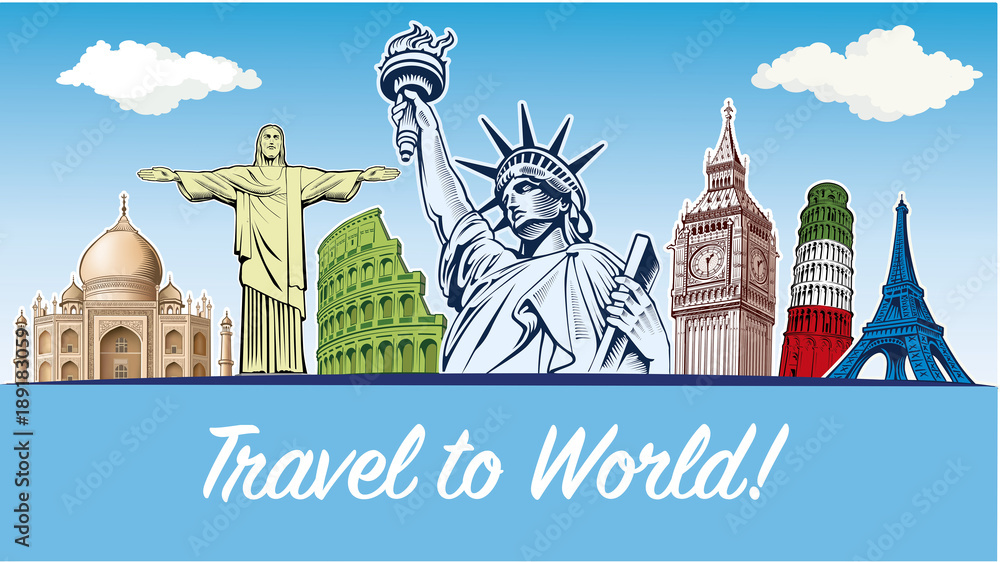 travel destinations-famous placesNYC, London Big Ben, Rome-Coliseum, Paris-Eiffel Tower, Rio de Janeiro-Jesus Statue, NYC-Statue of liberty