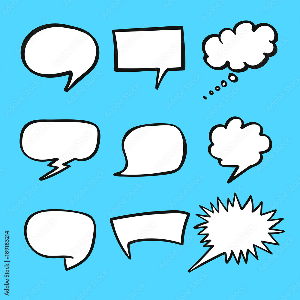 Retro hand drawn comics speech bubbles set on blue background. Empty white space, vintage design, pop art vector illustration Retro hand drawn comics speech bubbles set on blue background. Empty white space, vintage design, pop art vector illustration