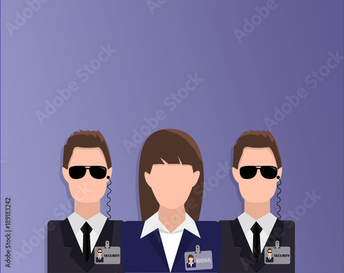 Flat design banner of boss (woman) and security (bodyguards) for website and mobile website with free space for your text. Modern vector illustration concept, isolated.