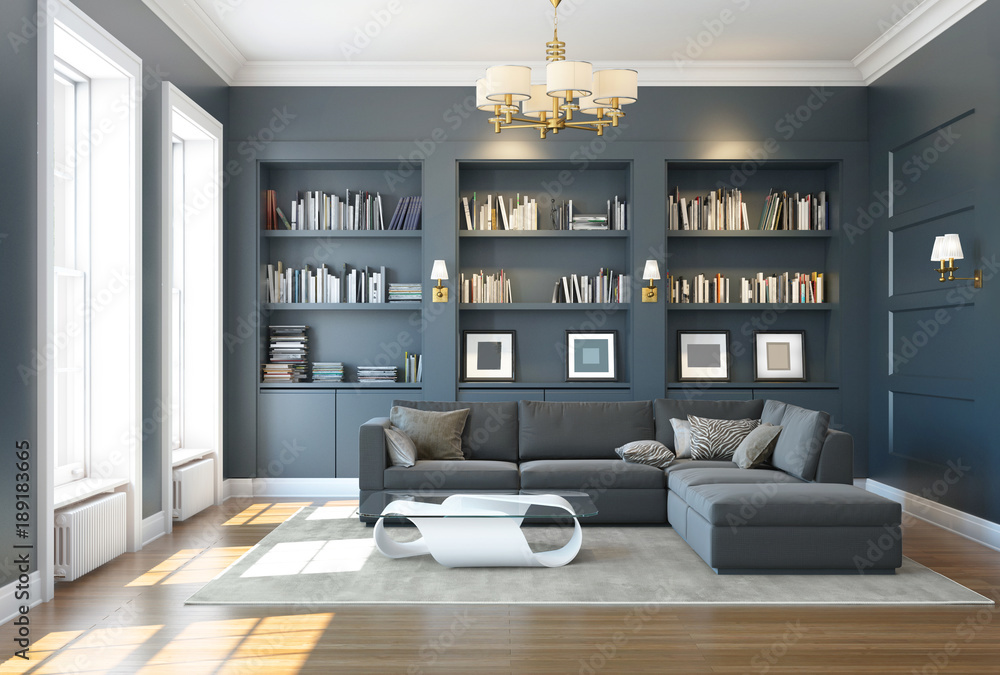 Classic luxury dark grey living room with bookshelf Stock