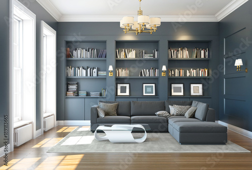 Classic luxury dark grey living room with bookshelf