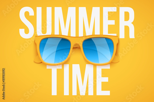 Yellow sunglasses on yellow background with Summer time text. Vacation or shopping sale advertisement. Editable Vector Illustration