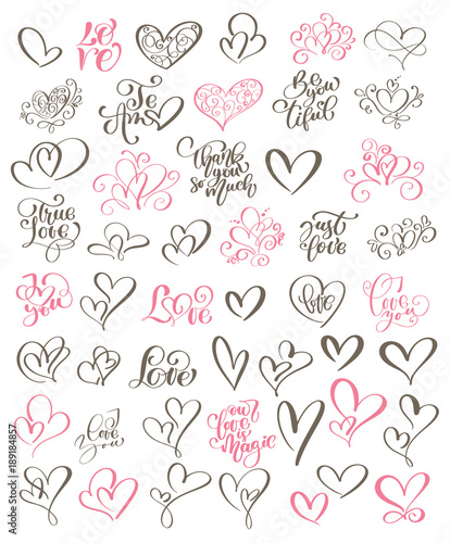 Big set hand written lettering about love to valentines day and heart design poster, greeting card, photo album, banner, flourish calligraphy vector illustration collection