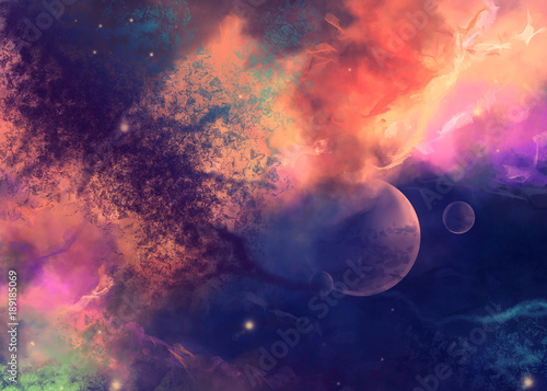 Colorful space star nebula and planets in Space Background. Digital painting. photo