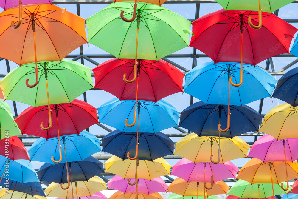 Scenery from a large number of colorful umbrellas.
