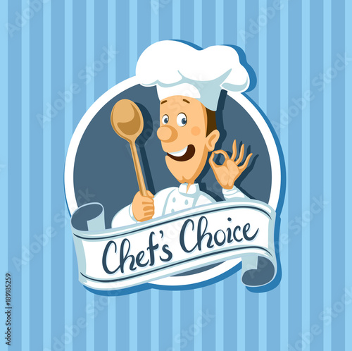 chef choise label with wooden spoon - flat design vector illustration