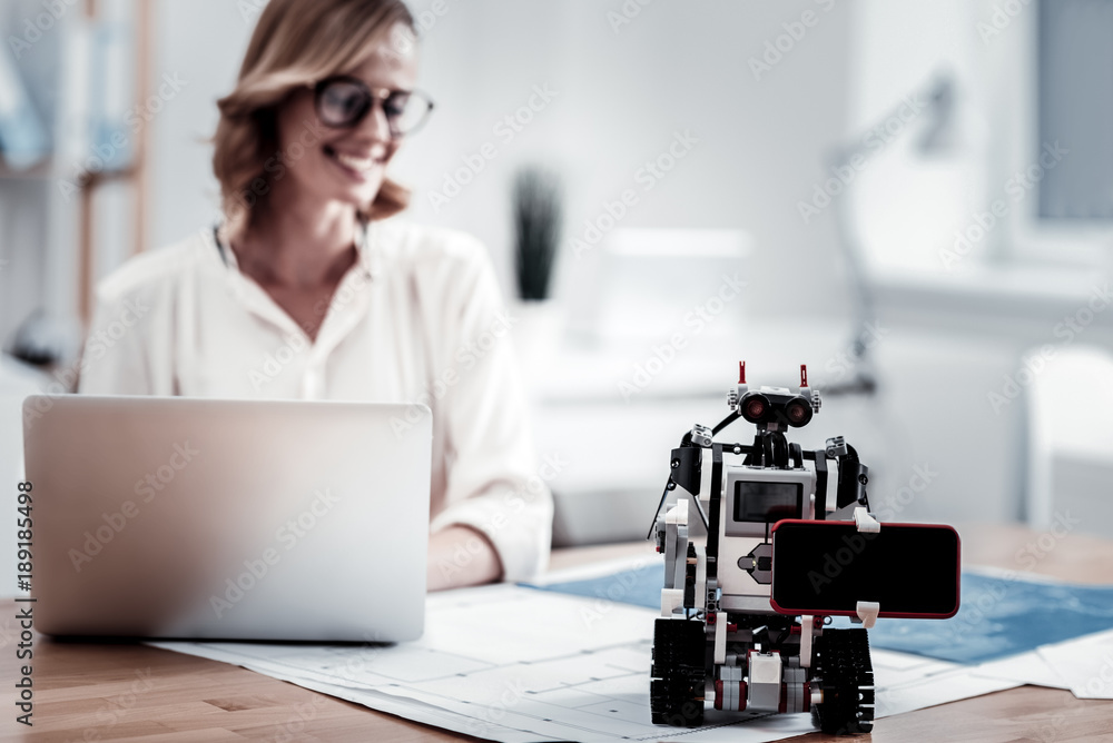 © Viacheslav Yakobchuk - At workplace. Silhouette of smiling engineer that sitting at her workplace and using laptop while preparing for presentation