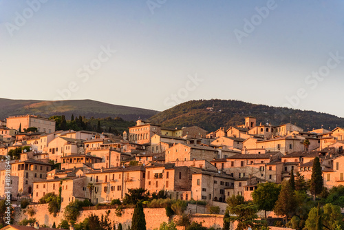 Fototapeta Naklejka Na Ścianę i Meble -  View of the medieval town of Spello in Umbria, Italy at sunset