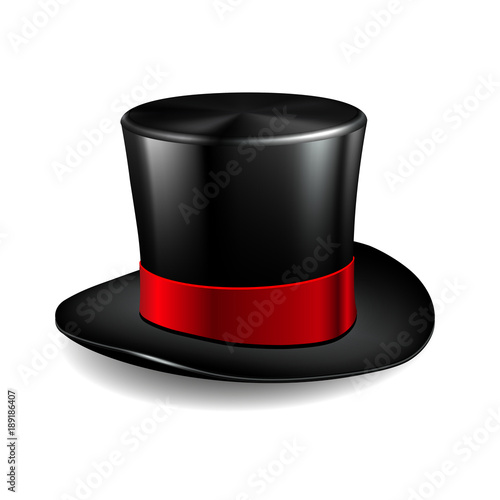 Black cylinder hat with red ribbon