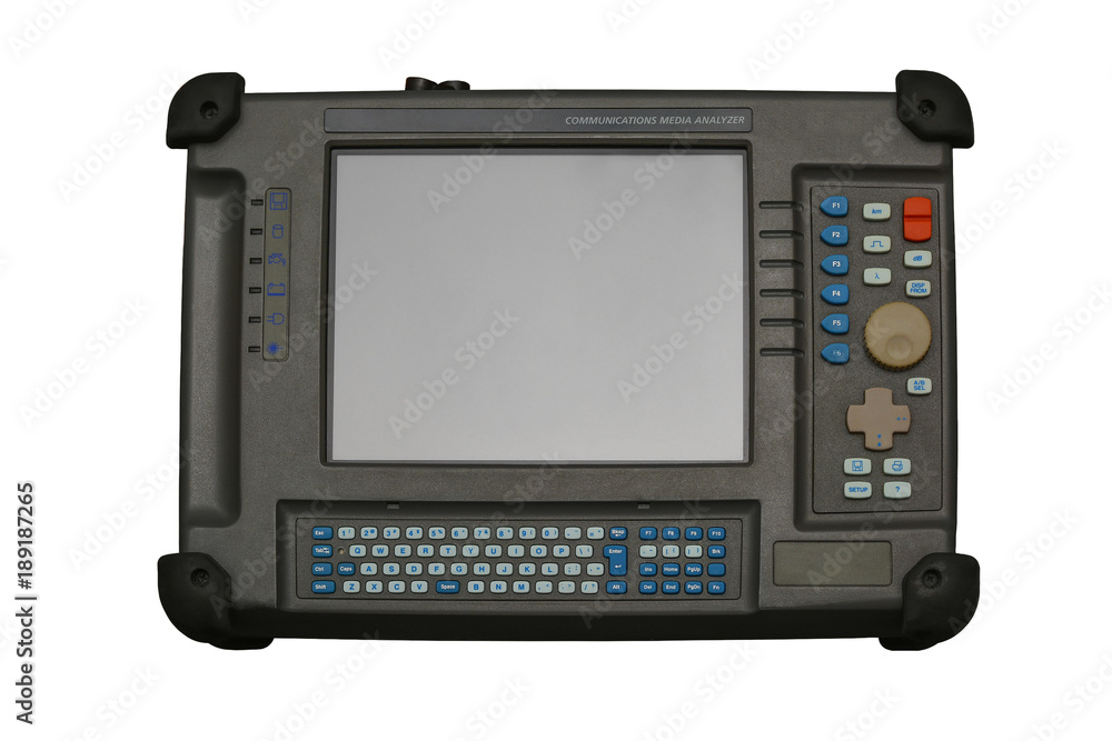 Communications media analyzer, nettest. Device for diagnosing the integrity of optical lines, finding the broken optical cable, measuring the distance to the damage to the network. Isolated. Communications media analyzer, nettest. Device for diagnosing the integrity of optical lines, finding the broken optical cable, measuring the distance to the damage to the network. Isolated.