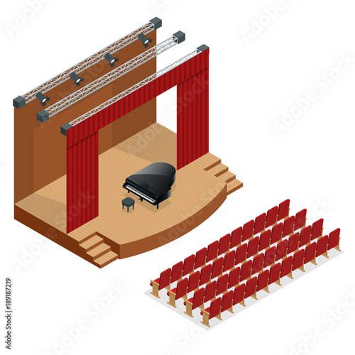 Isometric concert stage and black grand piano at spot light. Podium concert stage. Performance show entertainment, scene and event.