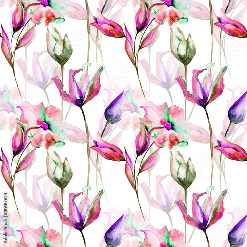 Seamless pattern with Tulips and Lily flowers